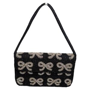 Viral Beaded Black Bow Handbag w/Silver Beaded Rhinestone Bows RARE